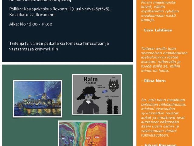 Taidekierroksemme suuntaa kohti Rovaniemeä! Tervetuloa katsomaan ja keskustelmaan taiteesta 😊

Viisi ikkunaa

Autismisäätiön pop...