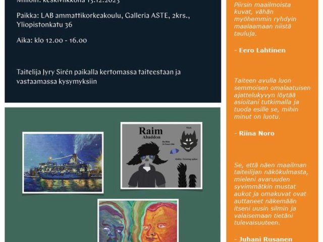 Pop-up taidenäyttely Lappeenrannassa yhteistyössä LAB-ammattikorkeakoulun ja LUT-yliopiston kanssa!

Tervetuloa 🙂

Autismisäätiö...